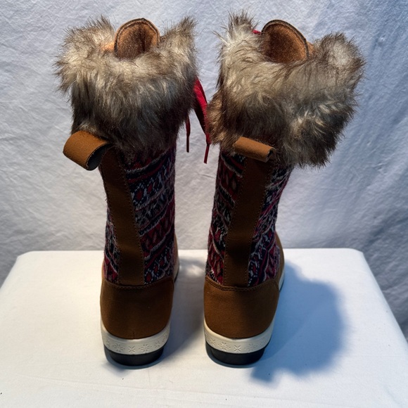 JustFab Brown Boots with Red Laces and Fur Trim - Picture 3 of 10